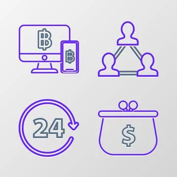 Set line Wallet with with dollar symbol, Clock 24 hours, Project team base .. Stock Illustration