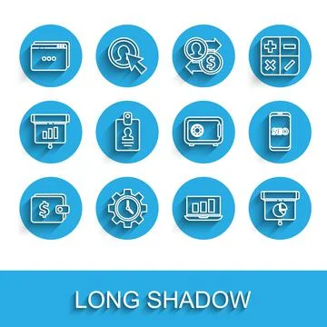 Set line Wallet with dollar, Time Management, Website template, Laptop graph 스톡 일러스트