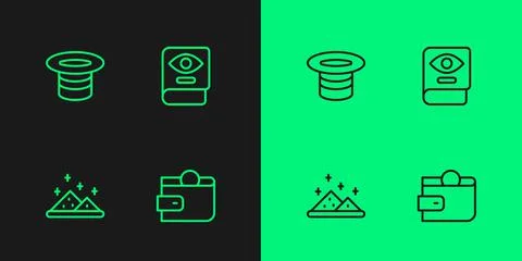Set line Wallet, Magic powder, hat and Ancient magic book icon. Vector 库存插图