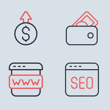 Set line Wallet with money Browser window SEO optimization and Financial grow Stock Illustration
