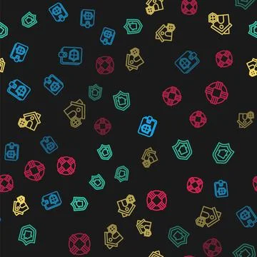 Set line Wallet with shield, House, and Lifebuoy on seamless pattern. Vector Illustrazione stock