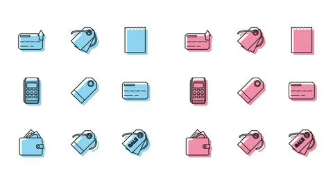 Set line Wallet with stacks paper money cash, Blank label template price tag 库存插图