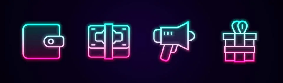 Set line Wallet, Stacks paper money cash, Megaphone and Gift box. Glowing neon Stock Illustration