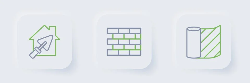 Set line Wallpaper, Bricks and House with trowel icon. Vector Stock Illustration