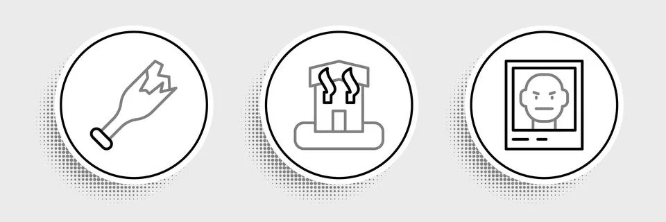 Set line Wanted poster, Broken bottle as weapon and Arson home icon. Vector Stock Illustration