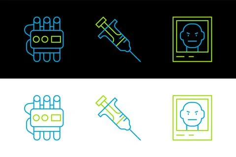 Set line Wanted poster, Dynamite and timer clock and Syringe icon. Vector 库存插图