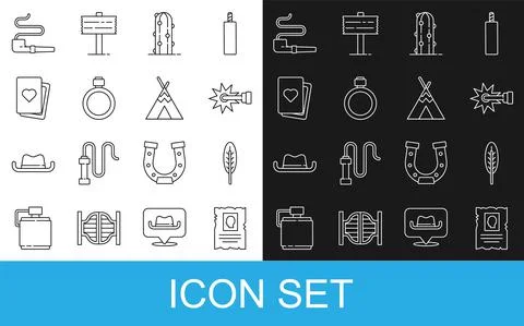 Set line Wanted western poster, Indian feather, Spur, Cactus, Canteen water Illustration