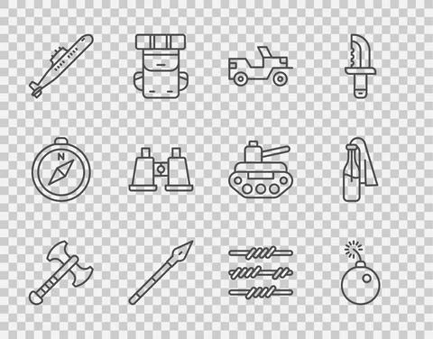 Set line War axe, Bomb ready to explode, Military jeep, Medieval spear 스톡 일러스트