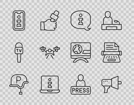 Set line War journalist, Megaphone, Information, Drone, Journalist news and.. Illustrazione stock