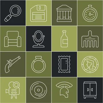 Set line Wardrobe, Ancient coin, Hairbrush, Museum building, Round makeup m.. Ilustración de archivo