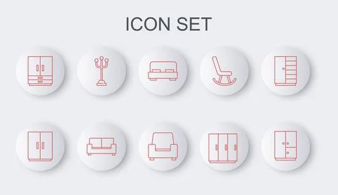 Set line Wardrobe, Big bed, Coat stand, Sofa and Armchair icon. Vector Illustrazione stock