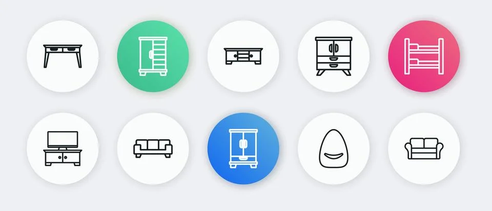 Set line Wardrobe, Bunk bed, TV table stand, Pouf, Chest of drawers, Sofa a.. Stock Illustration
