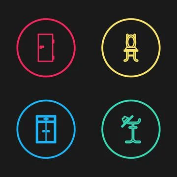 Set line Wardrobe, Coat stand, Chair and Closed door icon. Vector Stockillustratie
