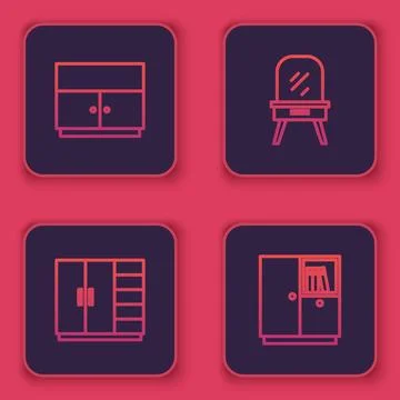 Set line Wardrobe, , Dressing table and . Blue square button. Vector Stock Illustration