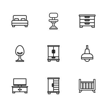Set line Wardrobe, Lamp hanging, Baby crib cradle bed, Chest of drawers, Bi.. Stock Illustration