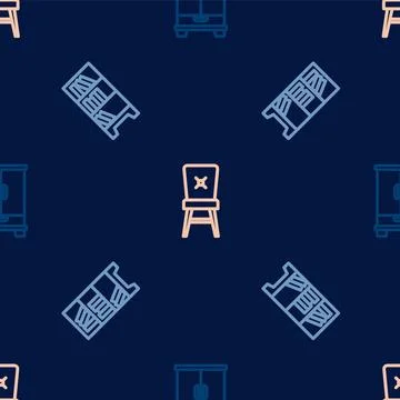 Set line Wardrobe, Library bookshelf and Chair on seamless pattern. Vector Stock Illustration