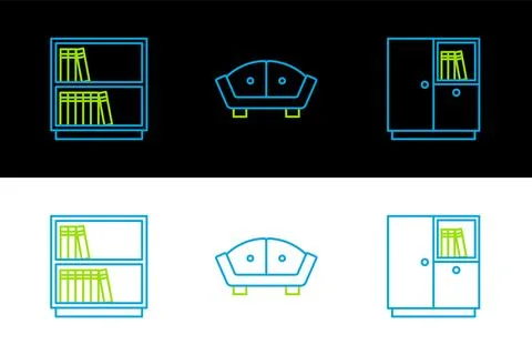 Set line Wardrobe, Library bookshelf and Sofa icon. Vector Stock Illustration