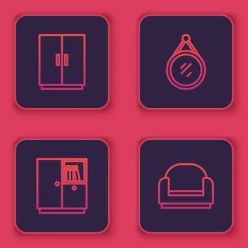 Set line Wardrobe, , Mirror and Armchair. Blue square button. Vector Stock Illustration