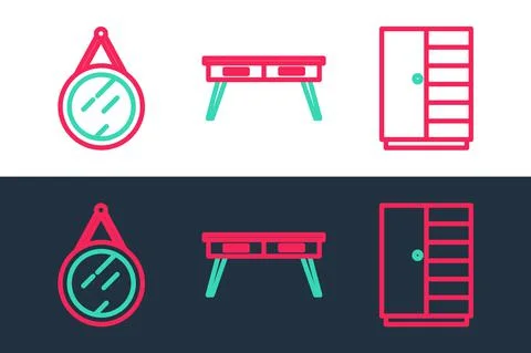 Set line Wardrobe, Mirror and Office desk icon. Vector Illustration