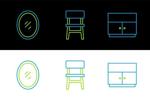 Set line Wardrobe, Mirror and Chair icon. Vector Stock Illustration