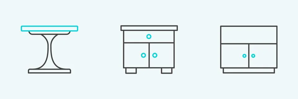 Set line Wardrobe, Round table and Furniture nightstand icon. Vector Stock Illustration