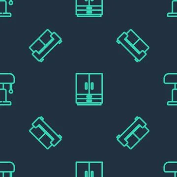 Set line Wardrobe, Sofa and Table lamp on seamless pattern. Vector Stock Illustration