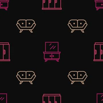 Set line Wardrobe, Sofa and Dressing table on seamless pattern. Vector Stock Illustration