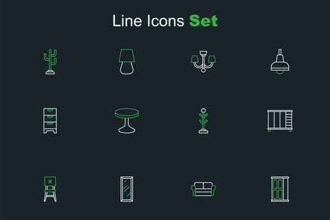 Set line Wardrobe, Sofa, Big full length mirror, Chair, Coat stand, Round t.. Ilustração Stock