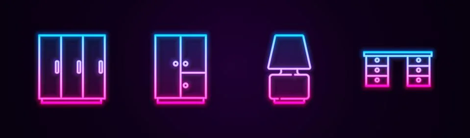 Set line Wardrobe, , Table lamp and Office desk. Glowing neon icon. Vector Illustrazione stock