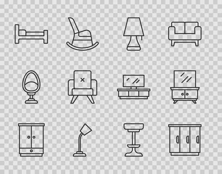 Set line Wardrobe, Table lamp, Bed, Armchair, Chair and Dressing table icon.. Stock Illustration