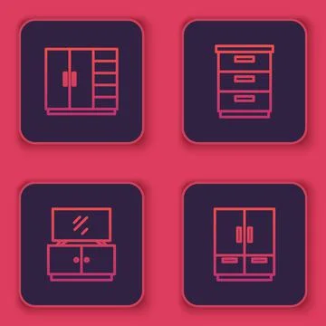 Set line Wardrobe, TV table stand, Furniture nightstand and . Blue square button Stock Illustration