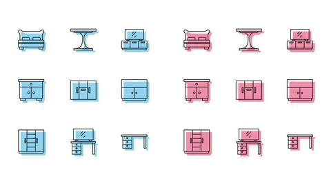 Set line Wardrobe, TV table stand, Big bed, Office desk, Furniture nightstand Stock Illustration