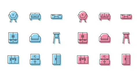Set line Wardrobe, TV table stand, Armchair, Chair,  and Sofa icon. Vector Illustrazione stock