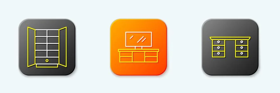 Set line Wardrobe, TV table stand and Office desk icon. Vector Stock Illustration