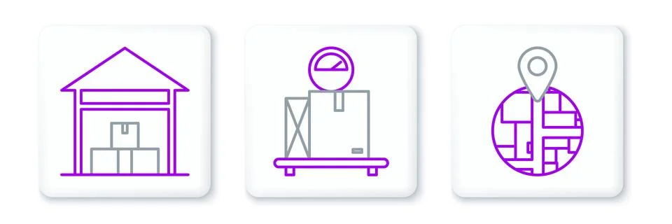 Set line , Warehouse and Scale with cardboard box icon. Vector 库存插图