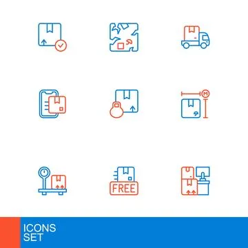 Set line Warehouse with boxes Cardboard free symbol Scale cardboard measureme Stock Illustration
