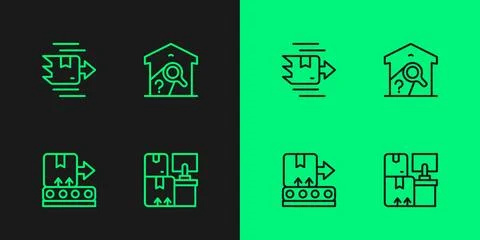 Set line Warehouse with boxes, Conveyor belt, Carton cardboard and check icon 스톡 일러스트