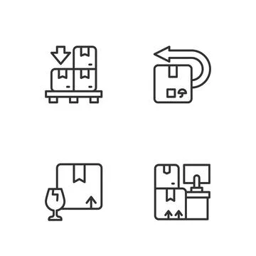 Set line Warehouse with boxes, Package fragile content, Cardboard pallet and Stock Illustration