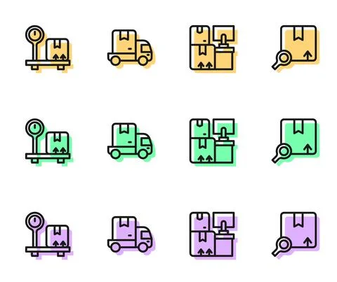 Set line Warehouse with boxes, Scale cardboard, Delivery cargo truck and Search Illustrazione stock