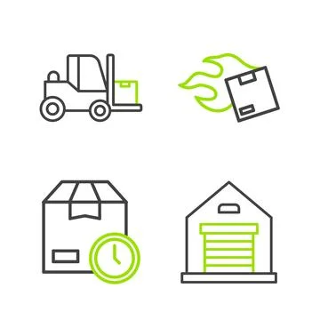 Set line Warehouse, Cardboard box with clock, Carton cardboard and Forklift 库存插图