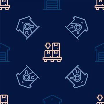 Set line Warehouse, check and Cardboard boxes on pallet on seamless pattern Illustrazione stock