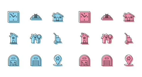 Set line Warehouse, Clock, Map pointer with, Search, Hand truck and boxes, Home Stock Illustration