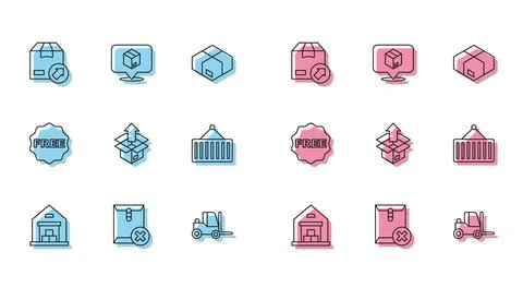 Set line Warehouse, Delete envelope, Carton cardboard box, Forklift truck, .. Stock Illustration