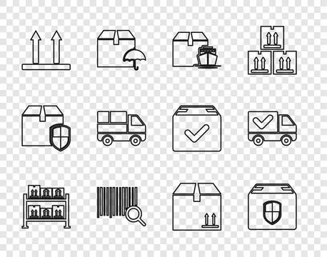 Set line Warehouse, Delivery box security shield, Cargo ship with boxes, Search Stock Illustration