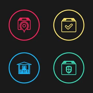 Set line Warehouse, Delivery box security shield, Package with check mark and Ilustración de archivo