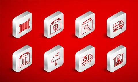 Set line Warehouse, Delivery box security shield, Search package, truck with  Stock Illustration