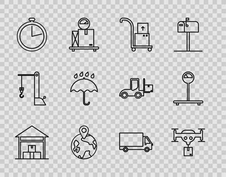 Set line Warehouse, Delivery drone with the package, Hand truck and boxes Illustrazione stock