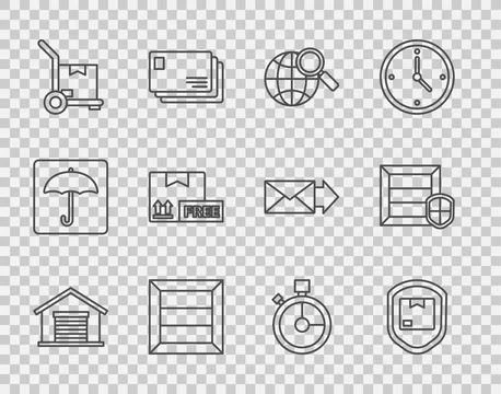 Set line Warehouse, Delivery pack security with shield, Magnifying glass globe Stock Illustration