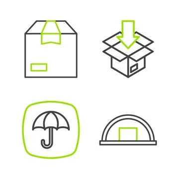 Set line Warehouse Delivery package with umbrella Carton cardboard box and ic Illustrazione stock