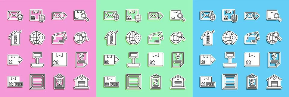 Set line Warehouse, Document tracking marker system, Magnifying glass with globe Stock Illustration
